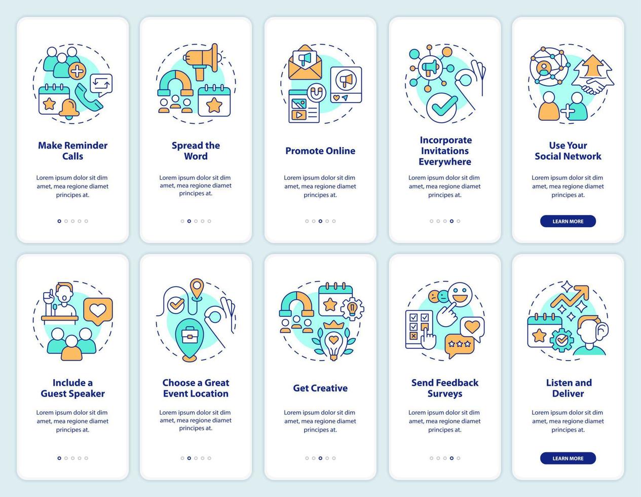 aumentando a participação na reunião integrando o conjunto de telas do aplicativo móvel. instruções gráficas editáveis passo a passo de 5 etapas com conceitos lineares. interface do usuário, ux, modelo de gui vetor