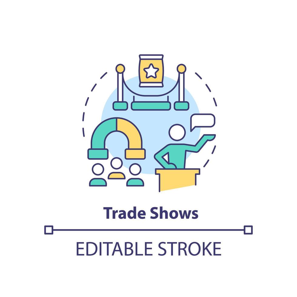 ícone do conceito de feiras. engajamento do público. tipo de eventos corporativos ideia abstrata ilustração de linha fina. desenho de esboço isolado. traço editável vetor