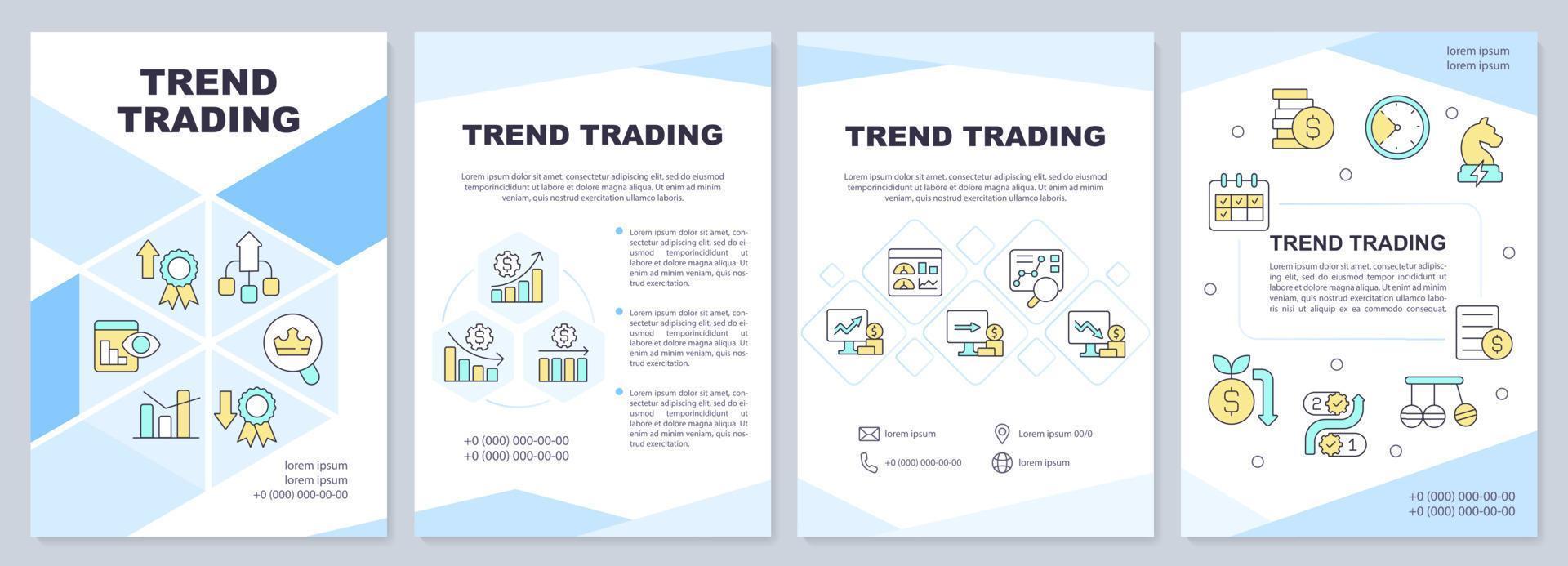 modelo de brochura azul de negociação de tendência. análise do mercado de ações. design de folheto com ícones lineares. layouts de 4 vetores editáveis para apresentação, relatórios anuais