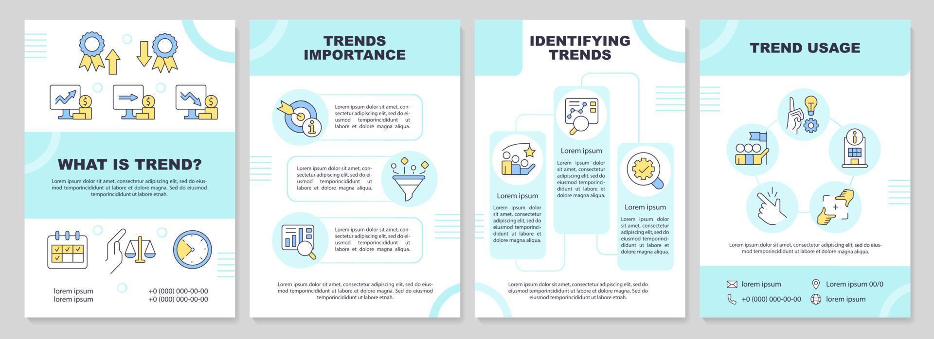 modelo de brochura turquesa de gerenciamento de tendências. sucesso comercial. design de folheto com ícones lineares. layouts de 4 vetores editáveis para apresentação, relatórios anuais