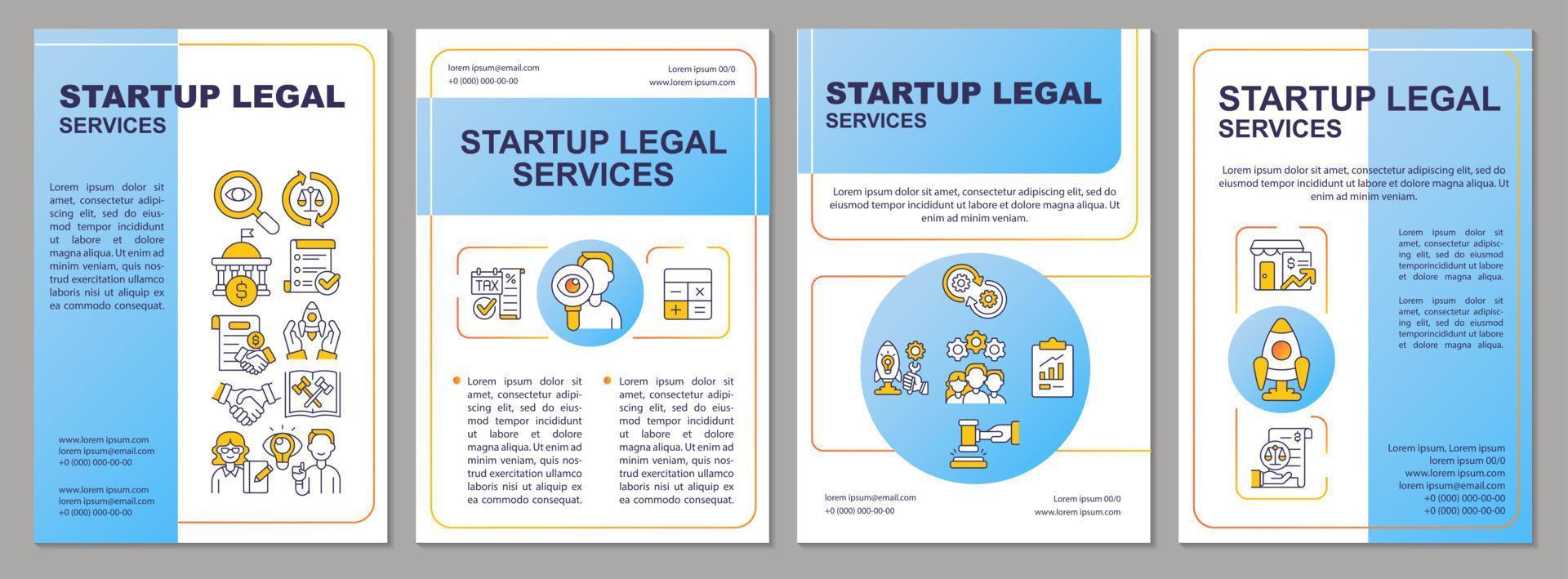 serviços jurídicos para empreendedores em estágio inicial modelo de brochura azul. design de folheto com ícones lineares. layouts de 4 vetores editáveis para apresentação, relatórios anuais