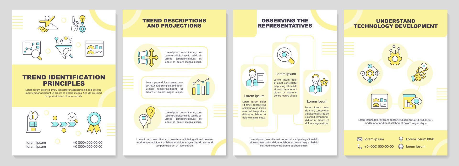 modelo de folheto amarelo de identificação de tendência. pesquisa de mercado. design de folheto com ícones lineares. layouts de 4 vetores editáveis para apresentação, relatórios anuais