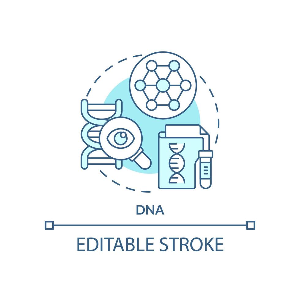 ícone do conceito dna turquesa. ideia abstrata de tecnologia de identificação biométrica ilustração de linha fina. fins forenses. desenho de esboço isolado. traço editável vetor