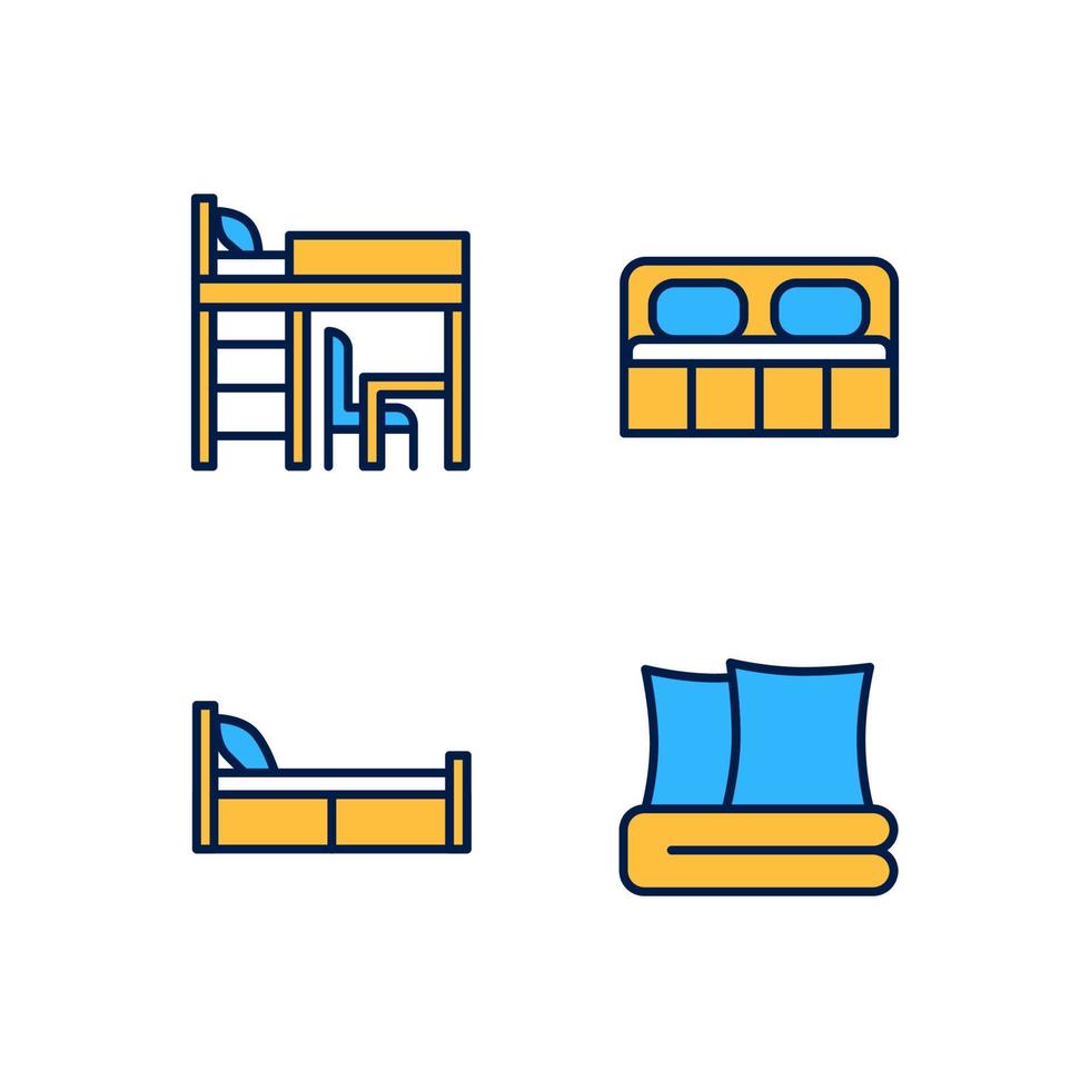 móveis para conjunto de ícones de cores rgb perfeitas de pixel doméstico. cama, roupa de cama. decoração do quarto. mobília da casa. ilustrações vetoriais isoladas. coleção de desenhos de linha preenchida simples. traço editável vetor