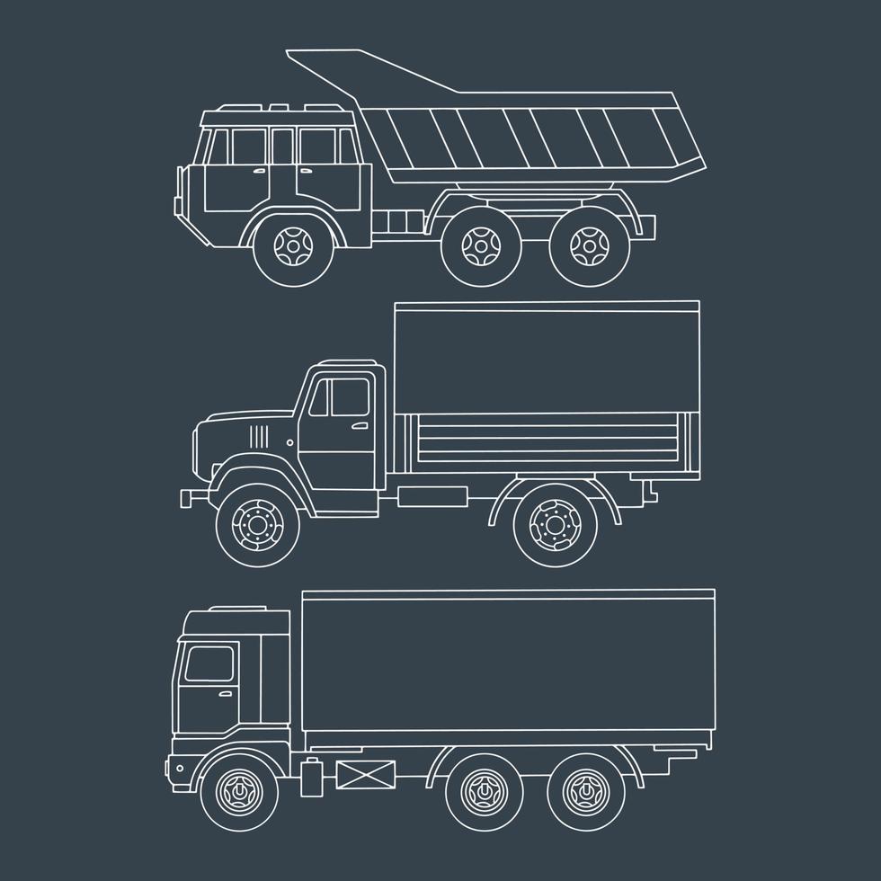 conjunto de vista lateral de caminhões desenhados. desenho linear com detalhes detalhados. ilustração vetorial vetor
