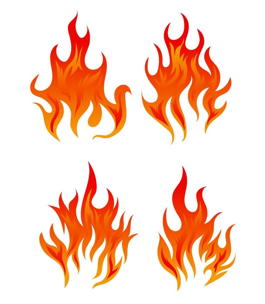 conjunto de chamas de fogo vermelho e laranja. coleção de elemento flamejante quente. idéia de energia e poder. ilustração vetorial isolada em estilo simples. vetor