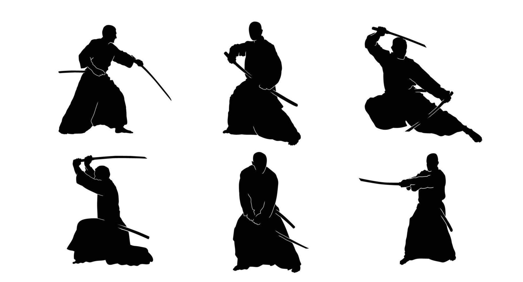 definir os lutadores de kendo seguram katana na silhueta de roupas tradicionais. ilustração de samurai em branco. vetor