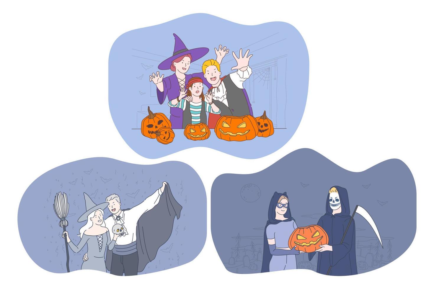 comemorando o feriado de halloween no conceito de fantasias assustadoras. personagens de desenhos animados de jovens positivos em chapéus, vampiros, bruxas, fantasias de monstro celebrando o halloween com abóboras tradicionais nas mãos vetor