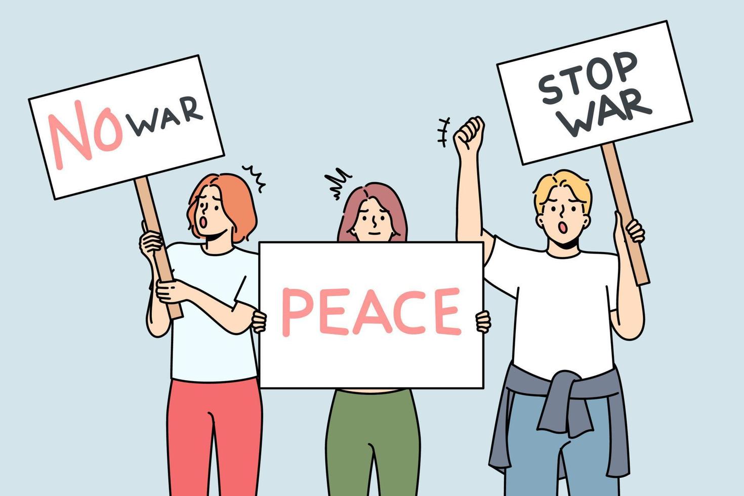 diversas pessoas com cartazes protestam contra a guerra em manifestação de rua. ativistas decisivos com cartazes defendem a paz. piquete ou marcha anti-guerra. ilustração vetorial. vetor
