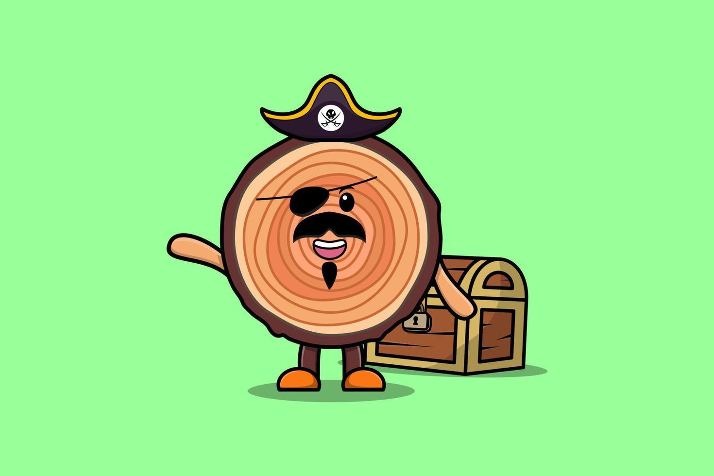 pirata de tronco de madeira bonito dos desenhos animados com caixa de tesouro vetor