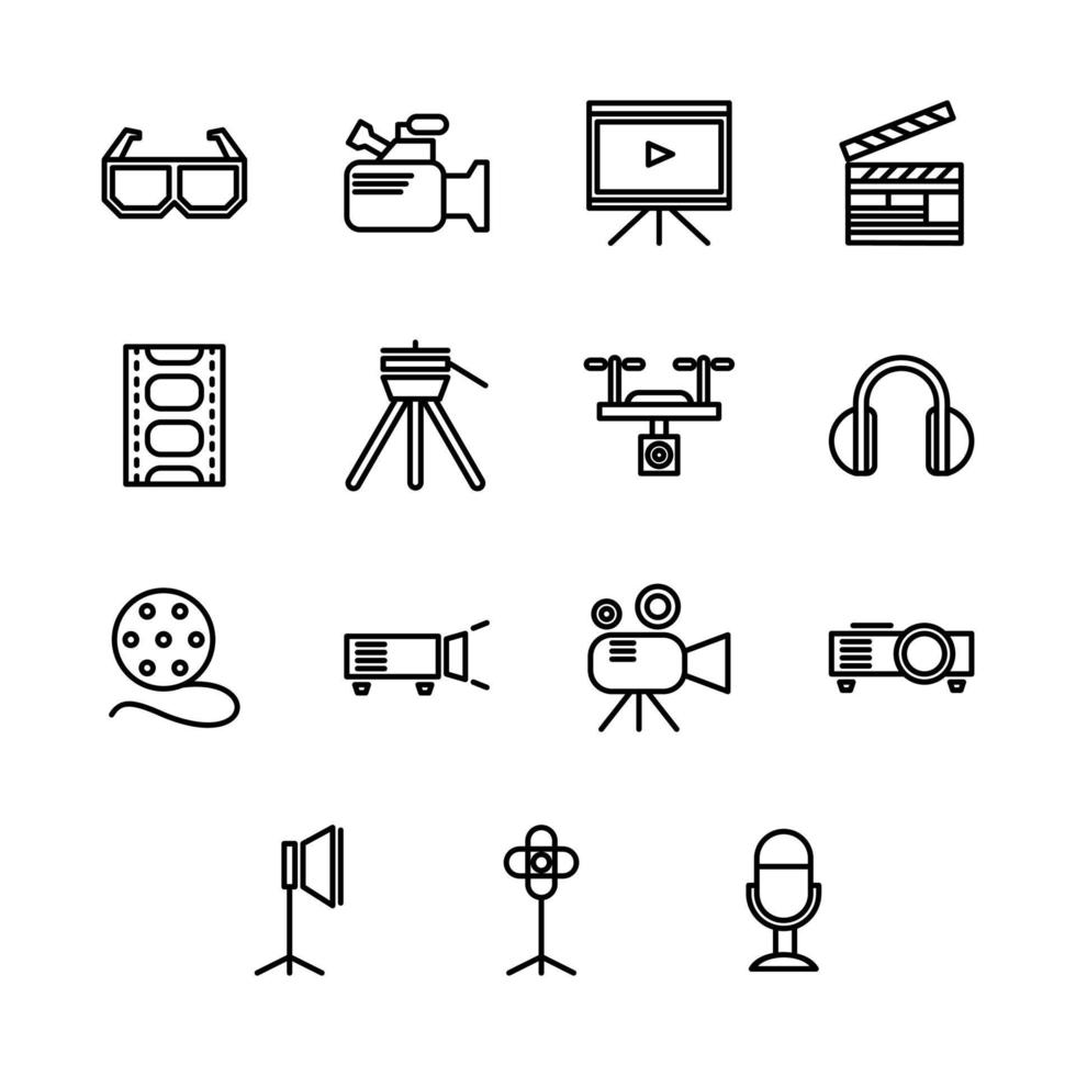conjunto simples de ícones de linha vetorial relacionados ao cinema. contém ícones como cinema, tv, pipoca, videoclipe e muito mais vetor
