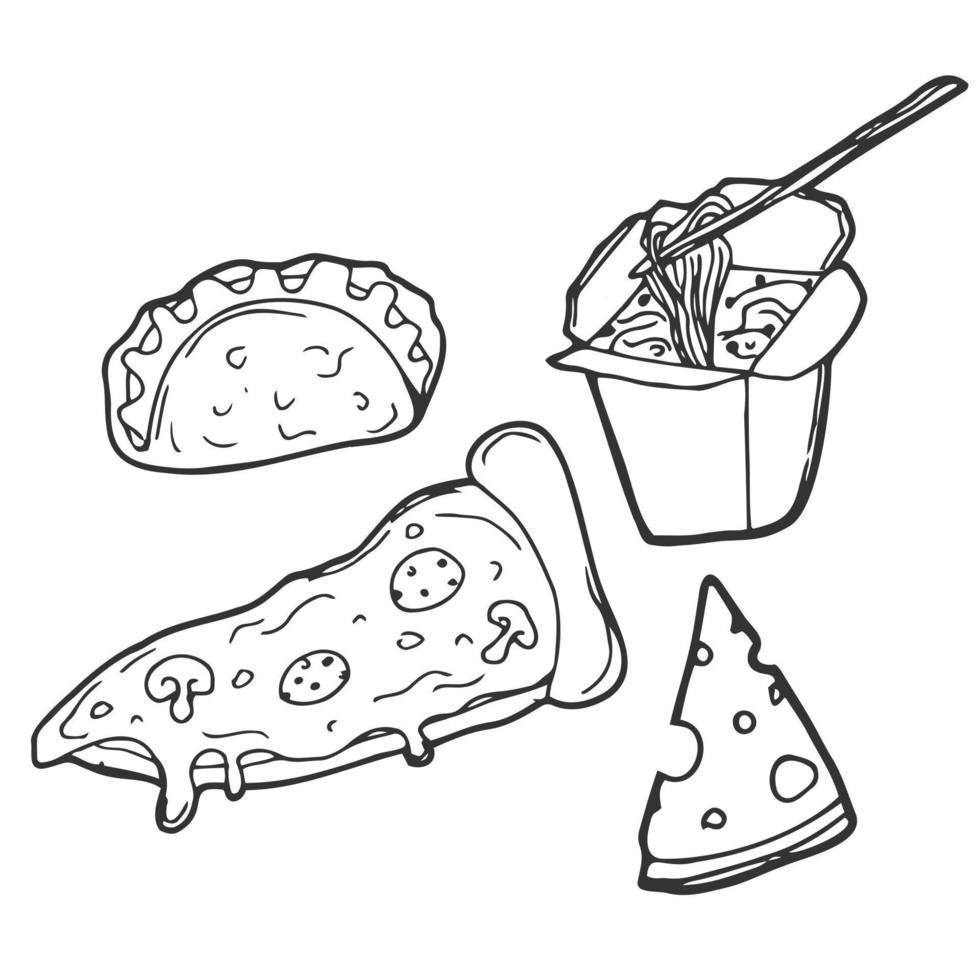 deliciosas comidas rápidas. conjunto preto e branco desenhando à mão que contém ilustrações de comida deliciosa. todas as ilustrações de alimentos são agrupadas separadamente. vetor
