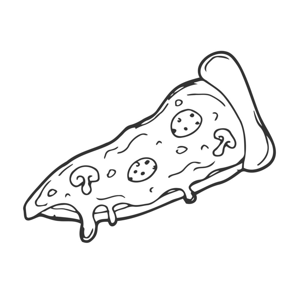 ilustração vetorial. fatia de pizza com queijo derretido e calabresa. doodle desenhado à mão. esboço de desenho animado. decoração para cartões, cartazes, emblemas vetor