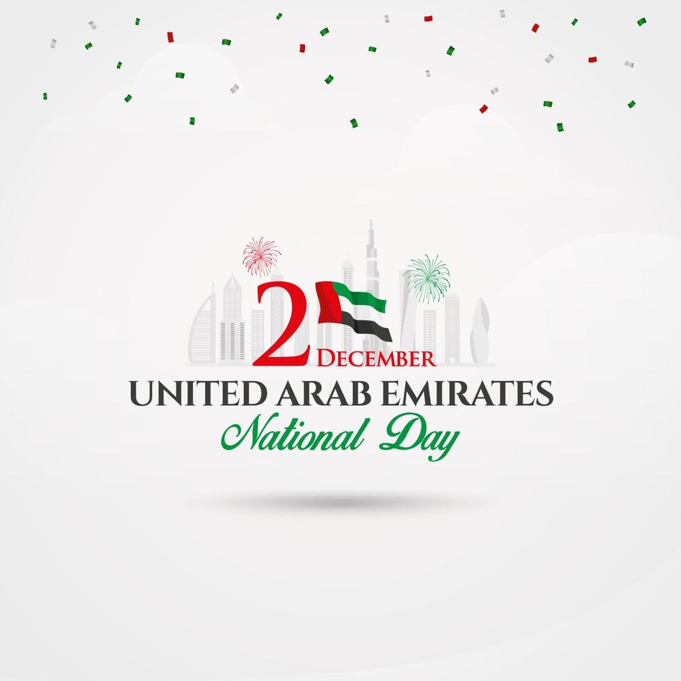logotipo do dia nacional dos Emirados Árabes Unidos com bandeira nacional dos Emirados Árabes Unidos e confetes. vetor