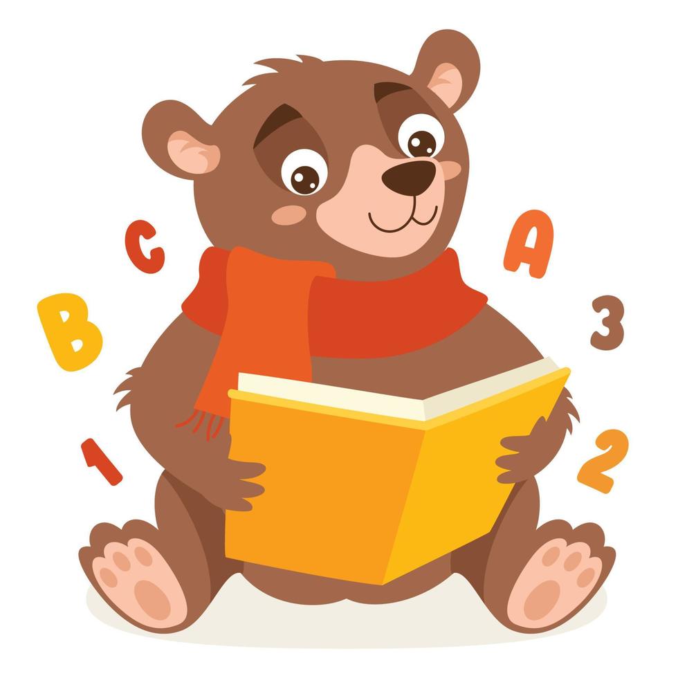 desenho animado de urso lendo livro vetor