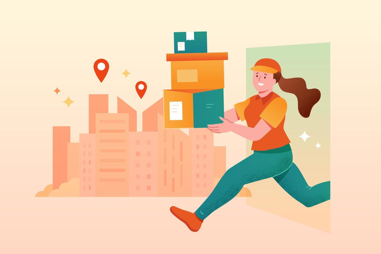 ilustração plana de uma mulher de entrega de correio andando com pilha de caixas com paisagem urbana no fundo. ilustração em vetor de um entregador mulher fazendo entregas.