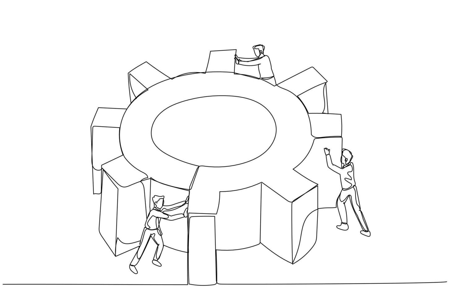 desenho animado do empresário girando a engrenagem da roda dentada junto com o conceito de equipe de equipe de trabalho duro. estilo de arte de uma linha vetor