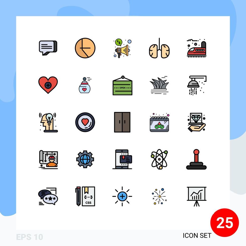 conjunto de cores planas de linha cheia de interface móvel de 25 pictogramas de elementos de design de vetores editáveis de alto-falante ferroviário de transporte