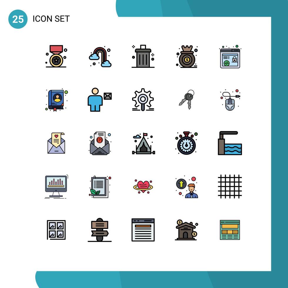 pacote de cores planas de linha preenchida de 25 símbolos universais do gráfico gráfico análise de nuvem lixo elementos de design de vetores editáveis