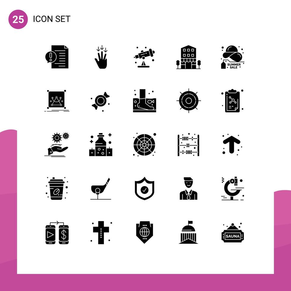 conjunto de pictogramas de 25 glifos sólidos simples de gestos de frente de loja de compra, edifícios de varejo, elementos de design vetorial editáveis vetor