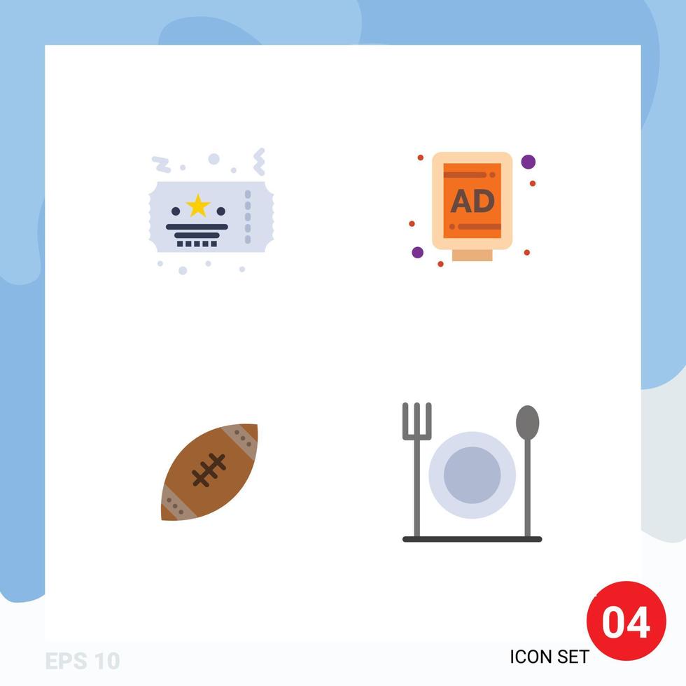 conjunto de pictogramas de 4 ícones planos simples de elementos de design de vetores editáveis de rugby de rua de festa de futebol de ingressos