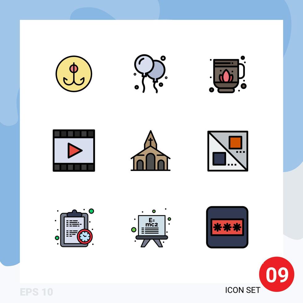 9 símbolos universais de sinais de cores planas de linhas preenchidas de construção de igrejas, sauna, reprodutor de vídeo multimídia, elementos de design de vetores editáveis