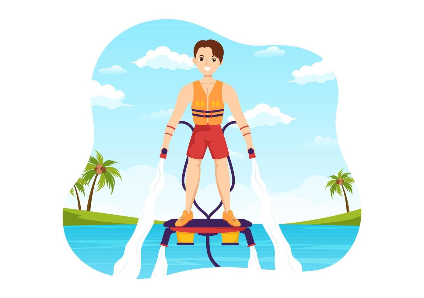 ilustração de flyboard com pessoas andando de jet pack nas férias de verão na praia em modelos desenhados à mão de desenhos animados de atividades extremas planas de esportes aquáticos vetor