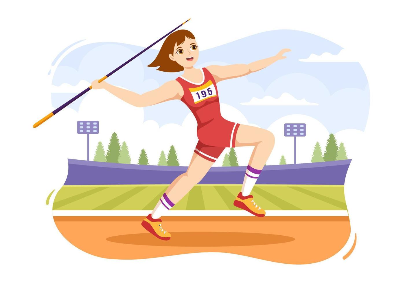 ilustração de atleta de lançamento de dardo usando uma ferramenta em forma de lança longa para lançar em atividade esportiva modelo desenhado à mão de desenho animado plano vetor