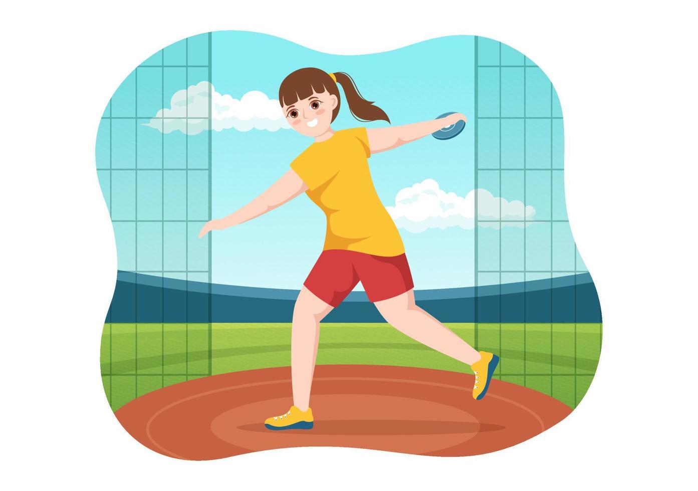arremesso de disco jogando ilustração de atletismo com o lançamento de uma placa de madeira em modelos desenhados à mão de desenhos animados planos de campeonato esportivo vetor