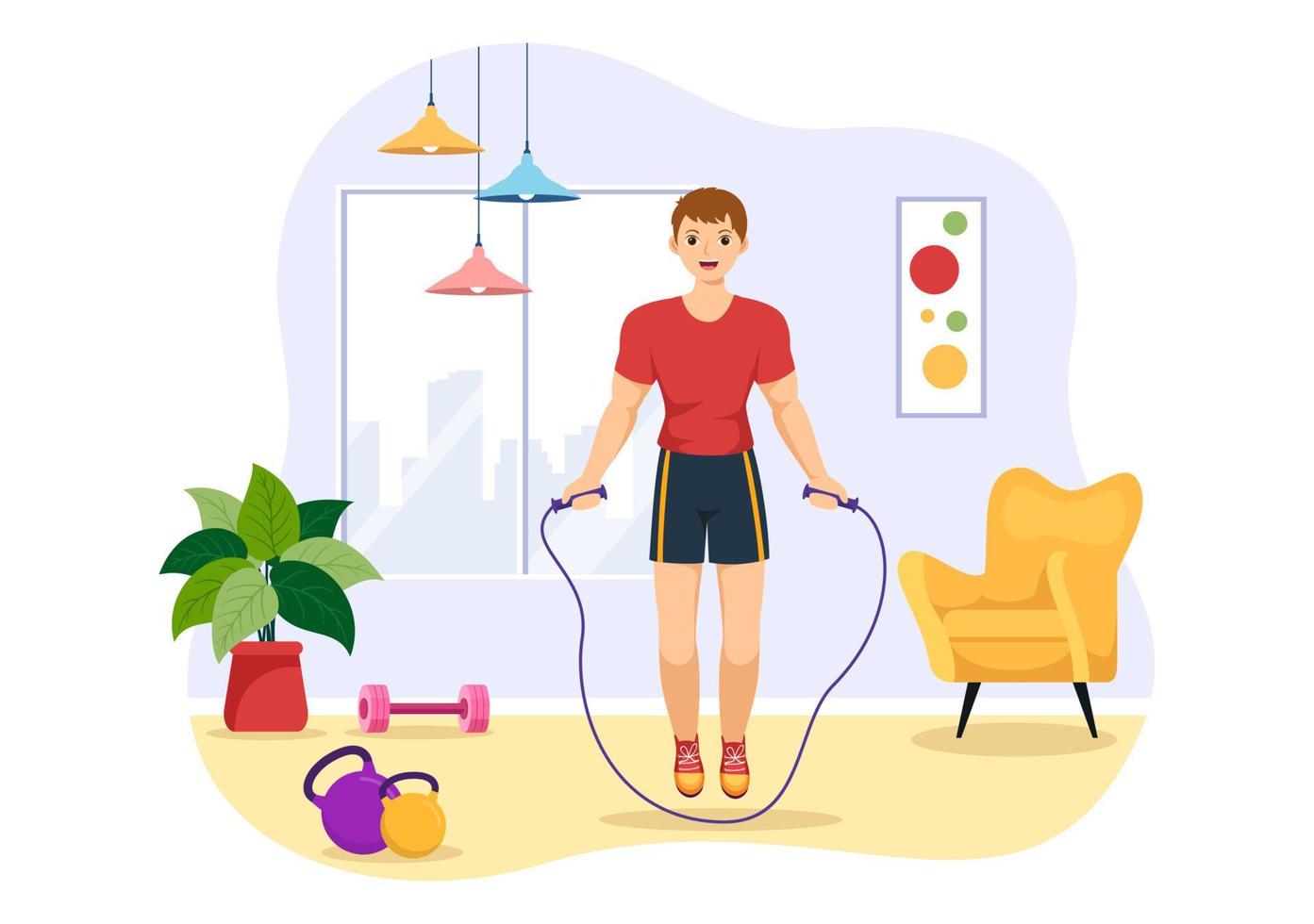 ilustração de corda de pular com pessoas brincando de pular roupas esportivas em atividades esportivas de fitness indoor modelos desenhados à mão de desenhos animados planos vetor