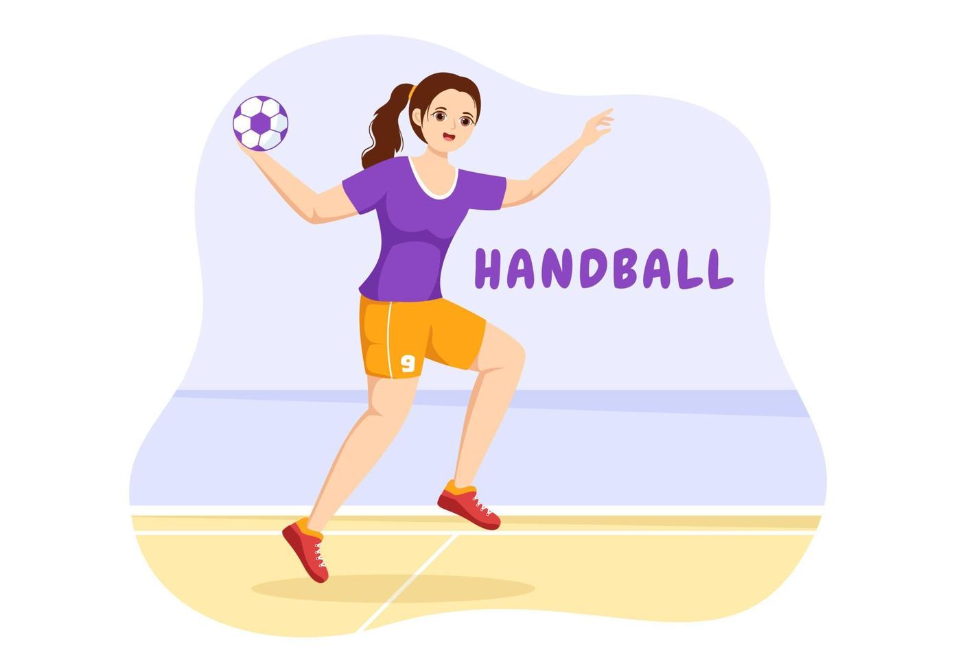 ilustração de handebol de um jogador tocando a bola com a mão e marcando um gol em um modelo de desenho de mão plana de desenho animado de competição esportiva vetor