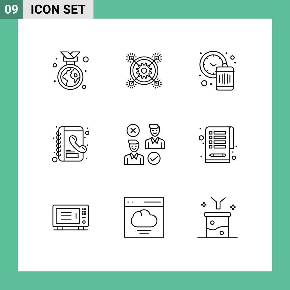 conjunto de 9 sinais de símbolos de ícones de interface do usuário modernos para contatos de engrenagem de catálogo telefônico do usuário desperdiçam elementos de design de vetores editáveis