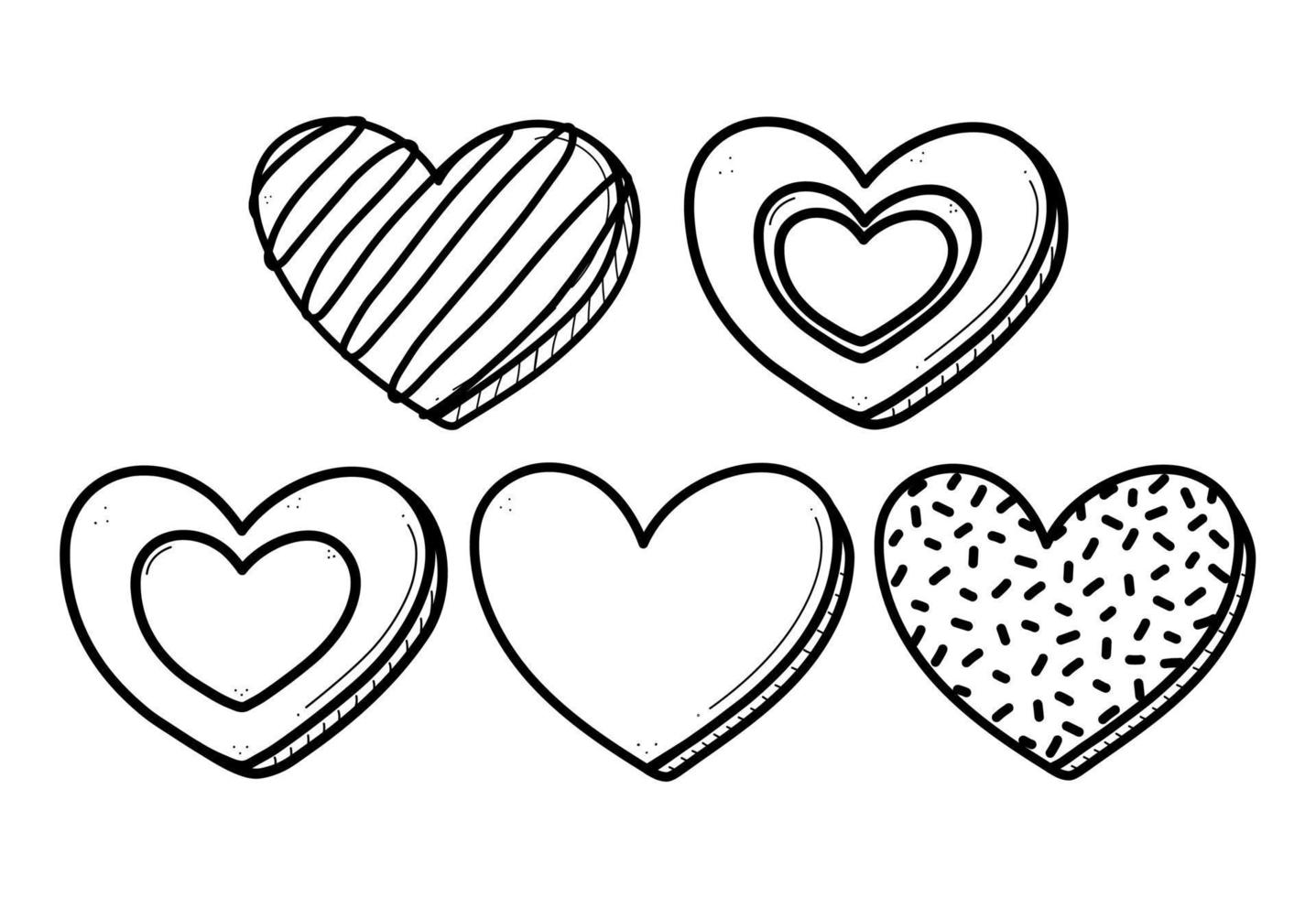 conjunto de biscoitos doodle decorados para o dia dos namorados. coleção de biscoitos de coração de gengibre vetor