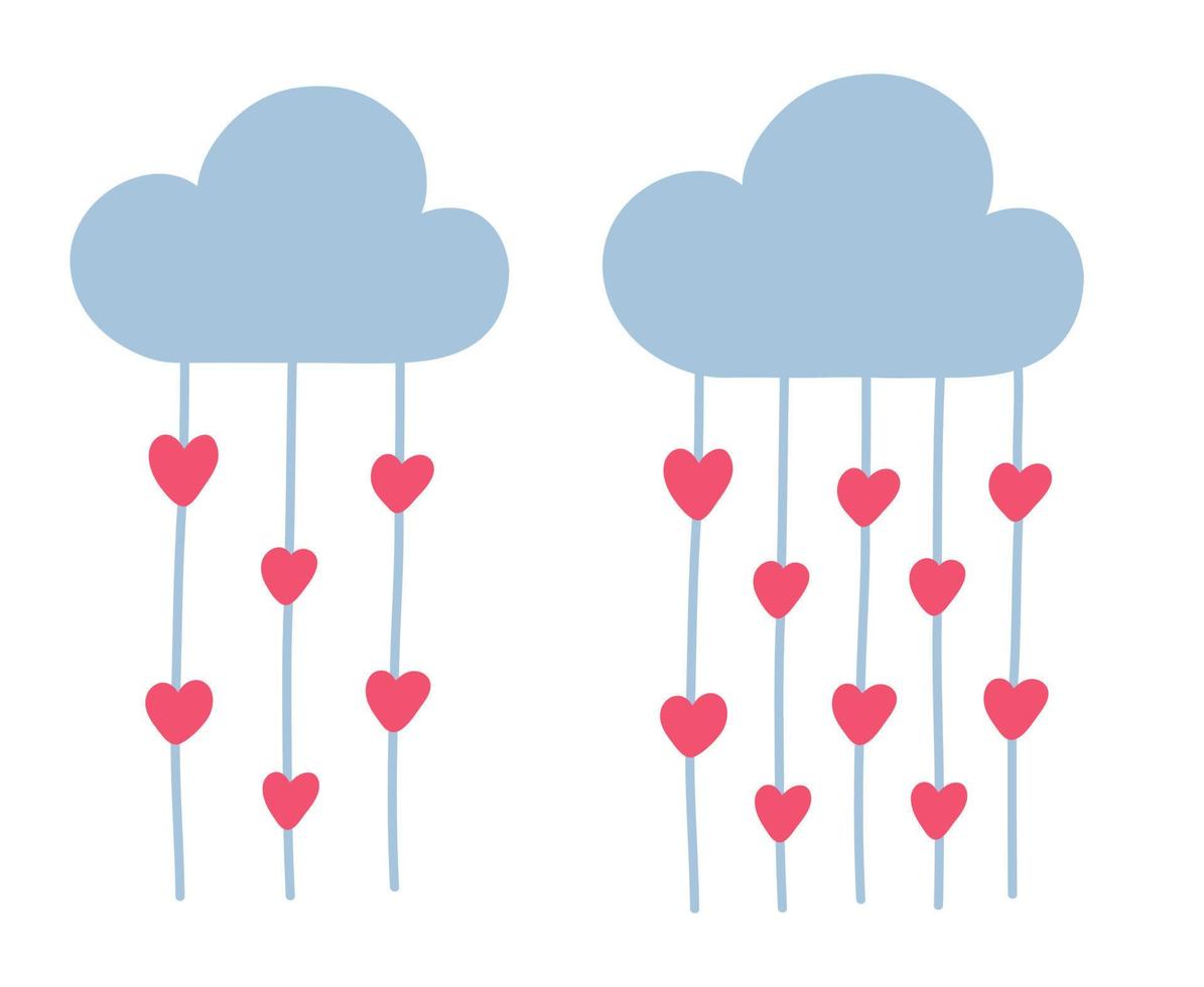 nuvem desenhada à mão chovendo com doodle de corações vetor