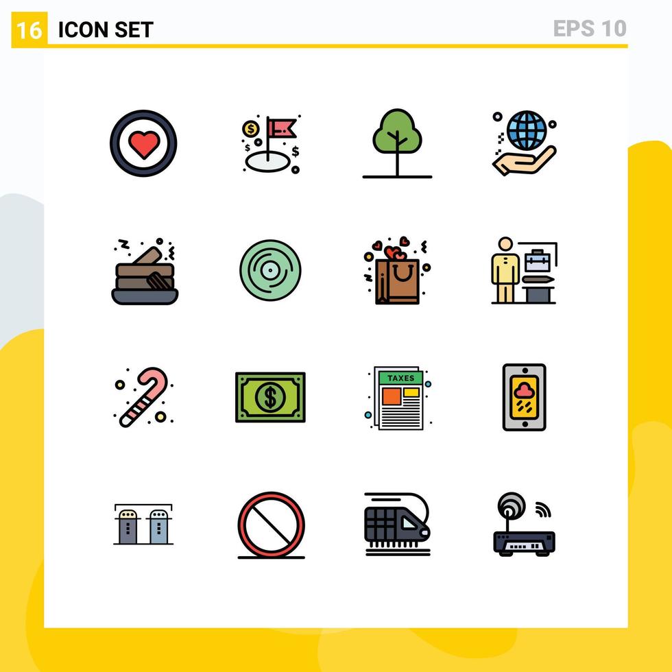 16 interface do usuário pacote de linha cheia de cores planas de sinais e símbolos modernos de panqueca doar árvore mundo caridade elementos de design de vetores criativos editáveis