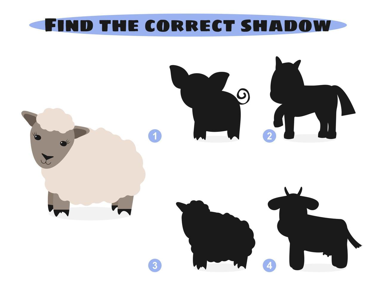 encontre a sombra correta. animais de fazenda engraçados dos desenhos animados. jogo de educação e atividade para crianças. ilustração vetorial. vetor