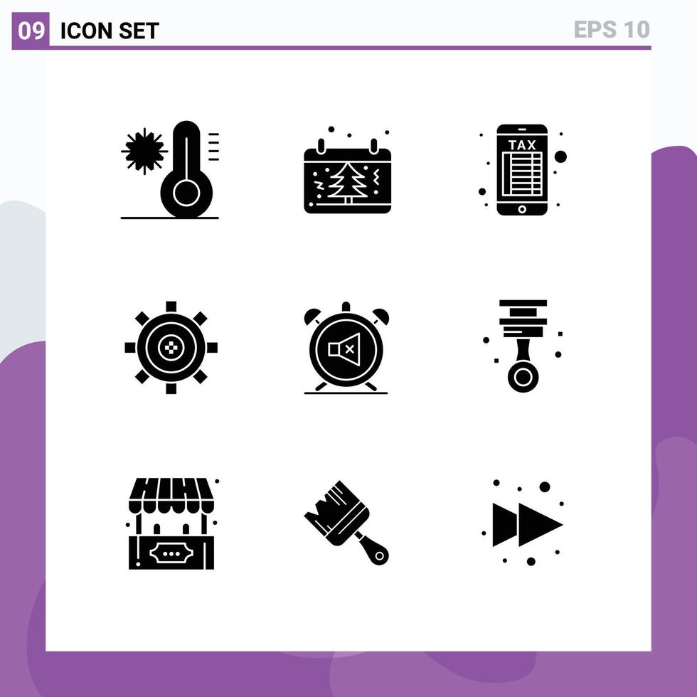 conjunto de 9 sinais de símbolos de ícones de interface do usuário modernos para desenvolvimento de engrenagem de alarme, codificação de elementos de design de vetores editáveis