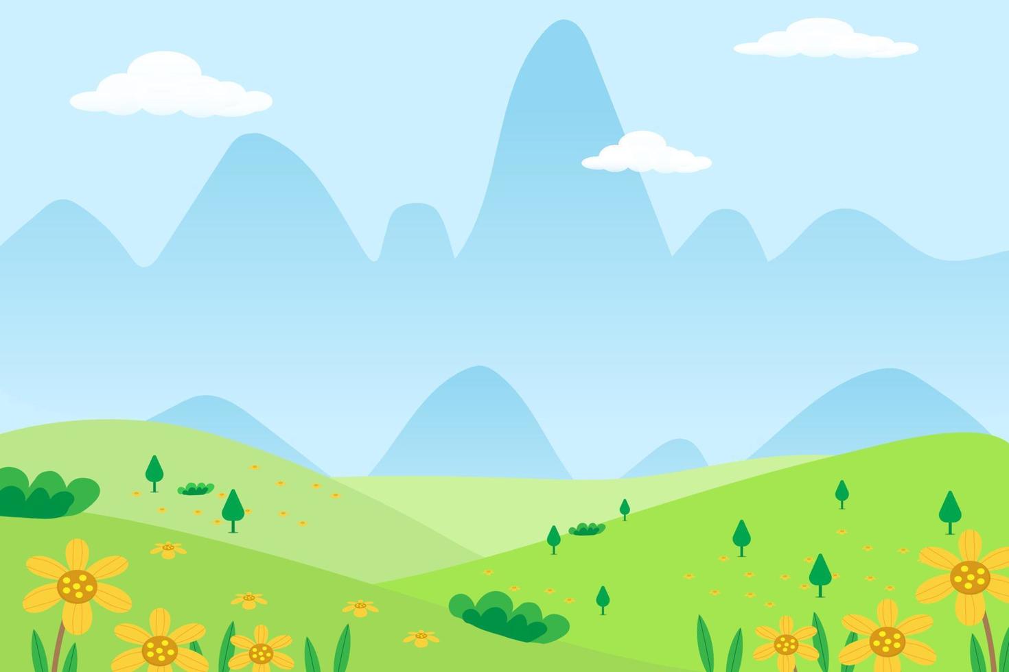 ilustração vetorial dos desenhos animados prado e pôr do sol da montanha, céu azul com nuvens com colinas e campo de arroz na paisagem natural vetor