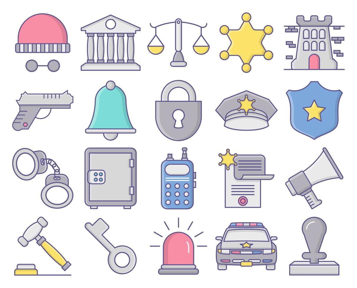ícones da lei e da polícia, adequados para uma ampla gama de projetos criativos digitais. vetor