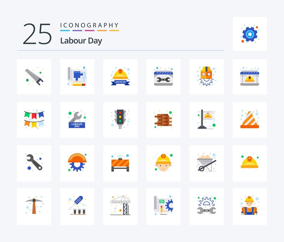 pacote de ícones de cores planas do dia do trabalho 25, incluindo reparo. construção. imprimir. calendário. capacete vetor