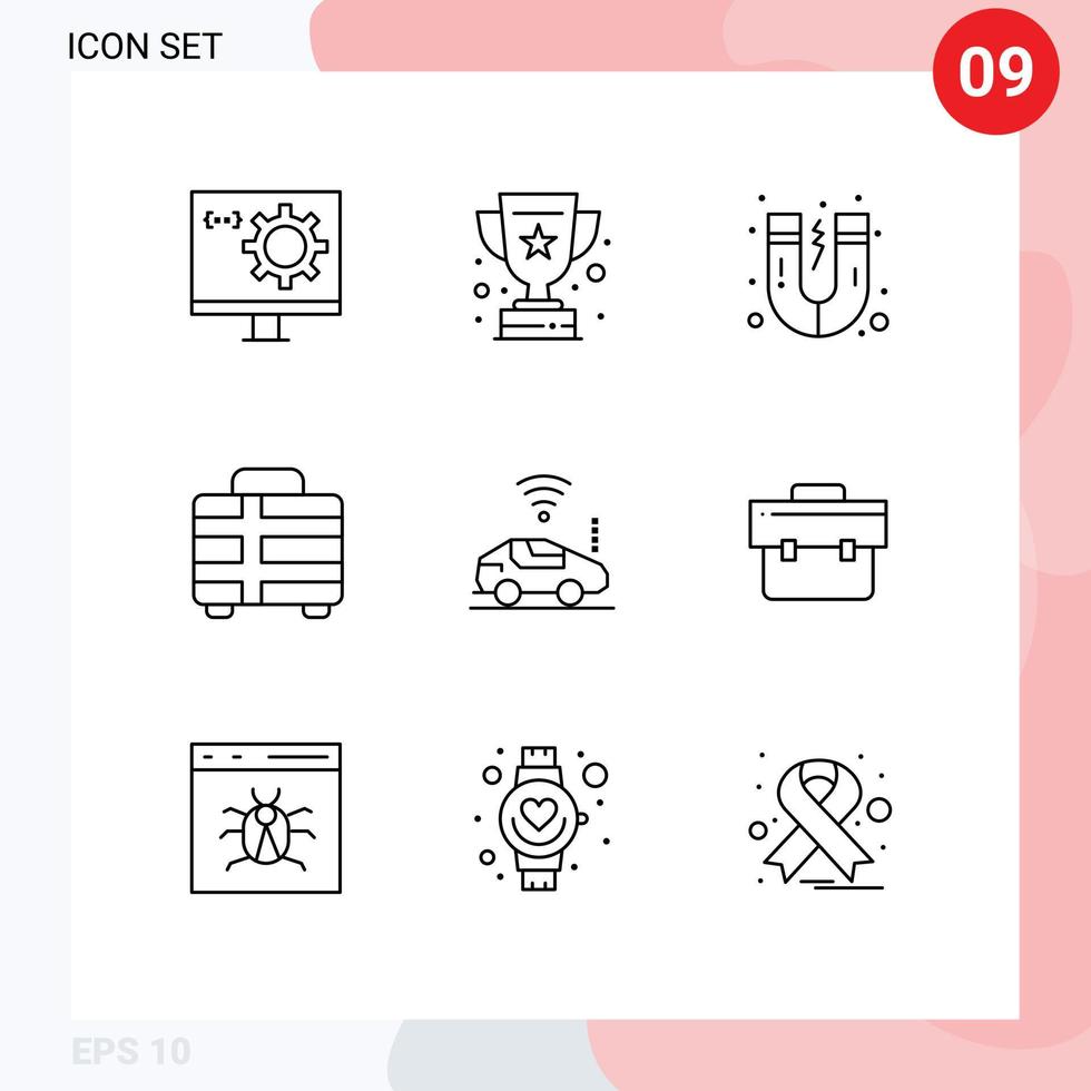 9 ícones criativos, sinais modernos e símbolos de sucesso de viagem de carro, transporte, praia, elementos de design de vetores editáveis
