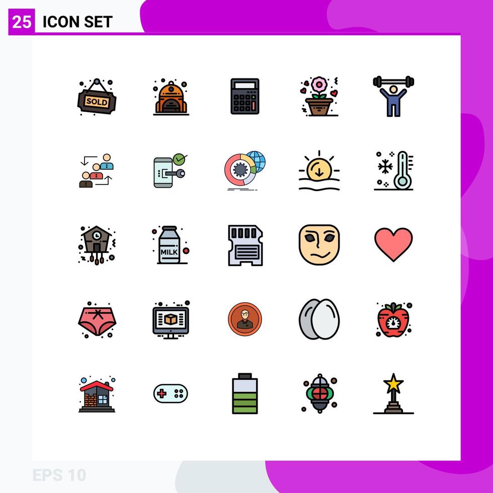 25 interface do usuário linha cheia pacote de cores planas de sinais e símbolos modernos de elevador fitness ecommerce rosa amor elementos de design de vetores editáveis