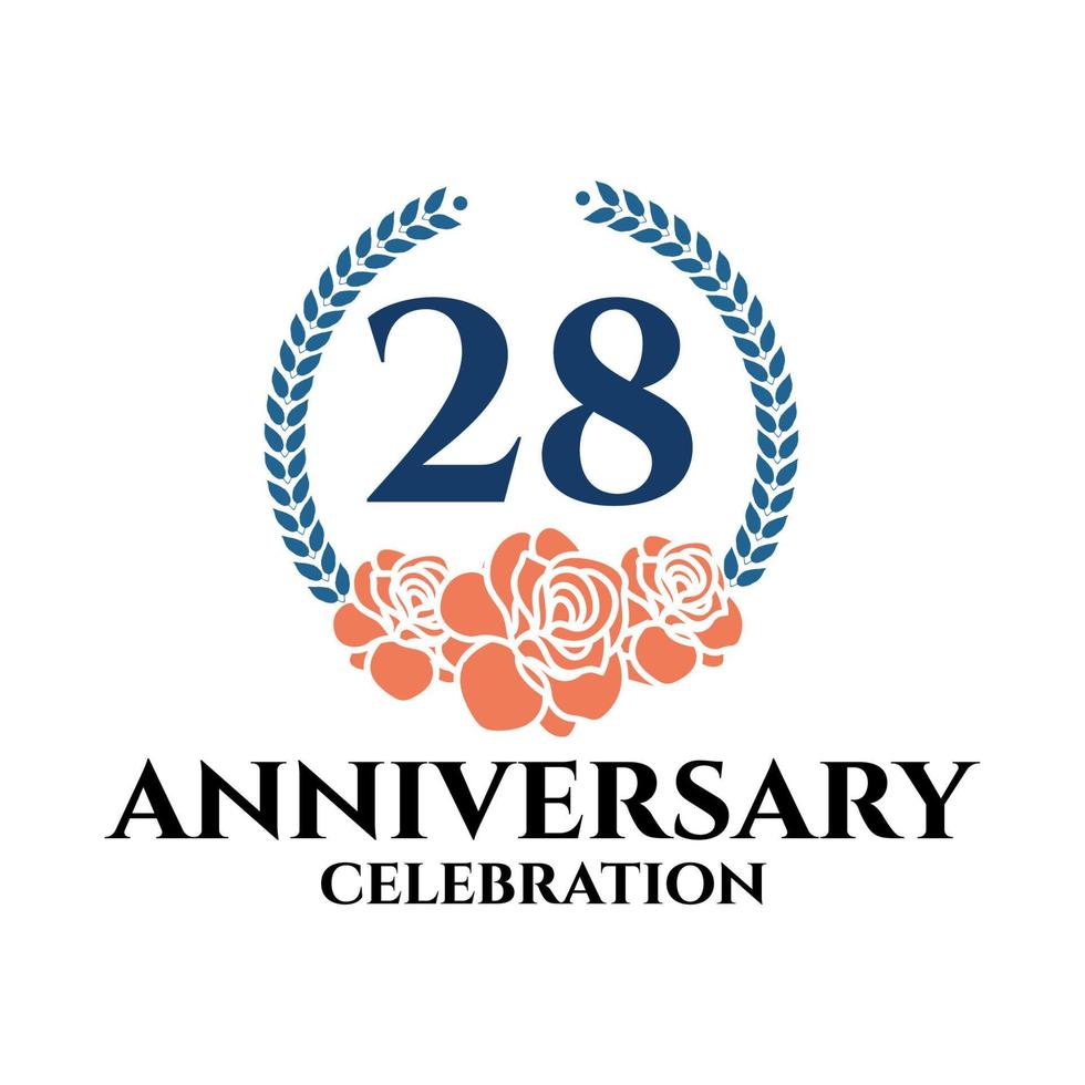 logotipo do 28º aniversário com rosa e coroa de louros, modelo vetorial para comemoração de aniversário. vetor