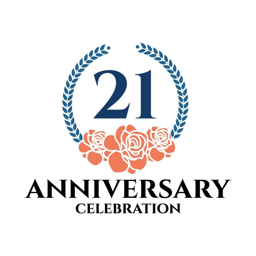 logotipo do 21º aniversário com rosa e coroa de louros, modelo vetorial para comemoração de aniversário. vetor