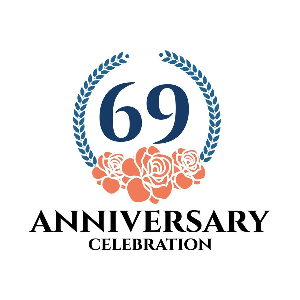 logotipo do 69º aniversário com rosa e coroa de louros, modelo vetorial para comemoração de aniversário. vetor