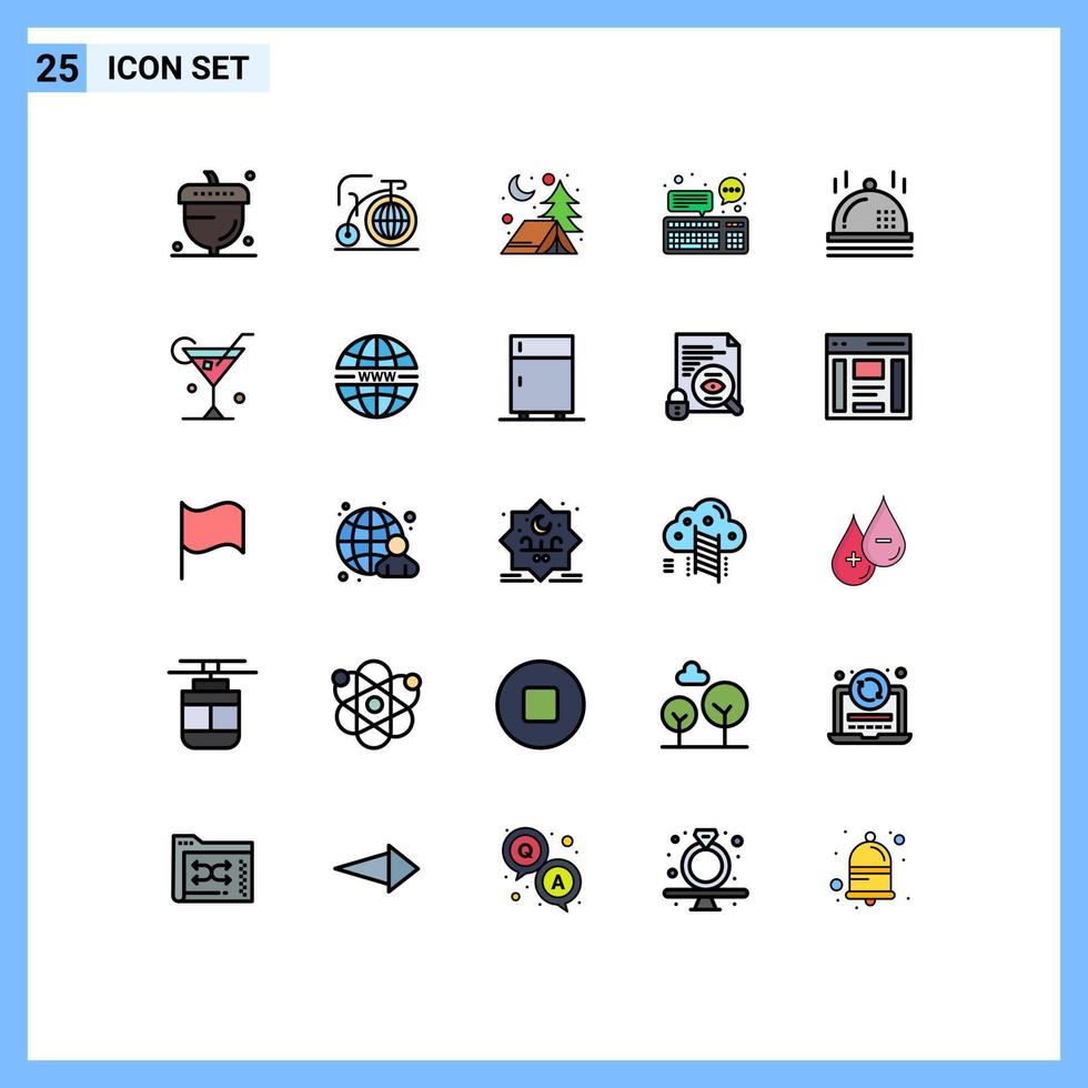 grupo de símbolos de ícone universal de 25 cores planas de linha preenchida moderna de dispositivo de inspiração de teclado de celebração bate-papo elementos de design de vetor editável