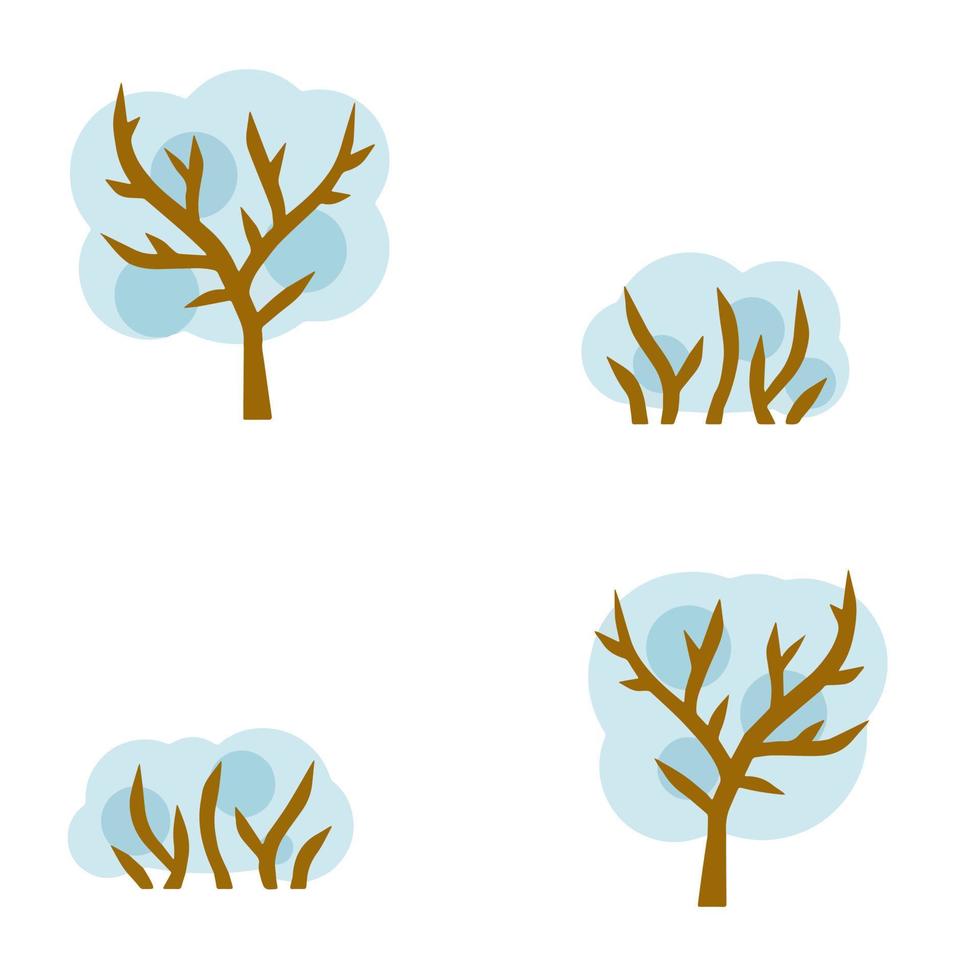 conjunto de árvores de inverno. clima frio do norte. ilustração plana dos desenhos animados. neve branca nos galhos. elemento de florestas, parques, natureza vetor