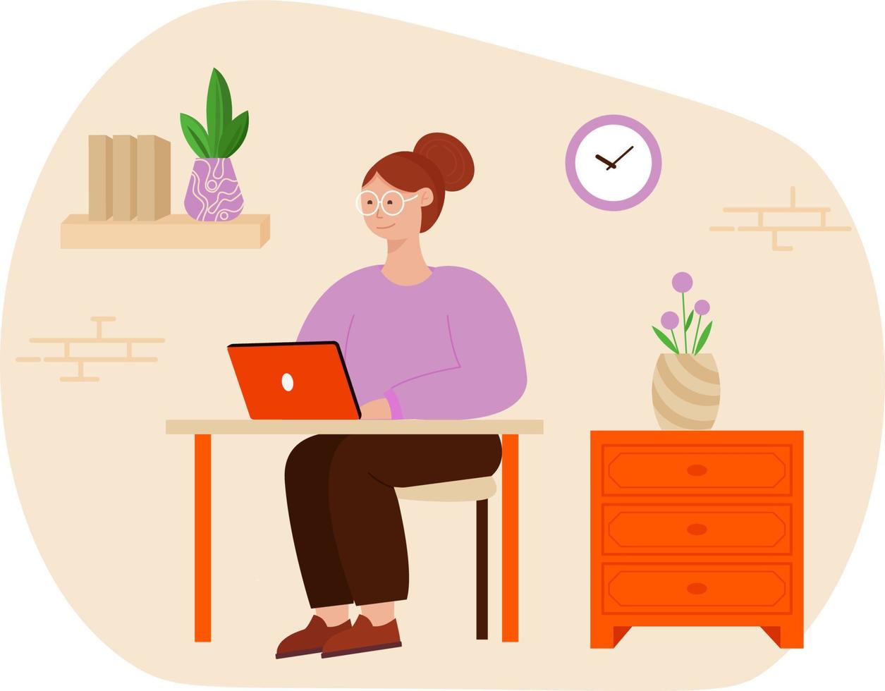 mulher trabalhando em sua mesa em casa. mulher trabalhando com laptop em sua mesa de trabalho e testando ui e ux. ilustração em vetor de estudante estudando em casa.