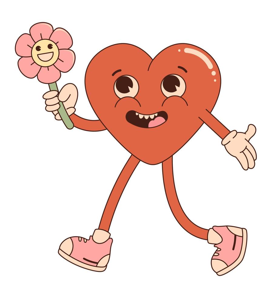personagem de desenho animado retrô. coração vermelho com flor feliz. para pôster, cartão, impressão e etc. vibrações dos anos 70. dia dos Namorados. vetor