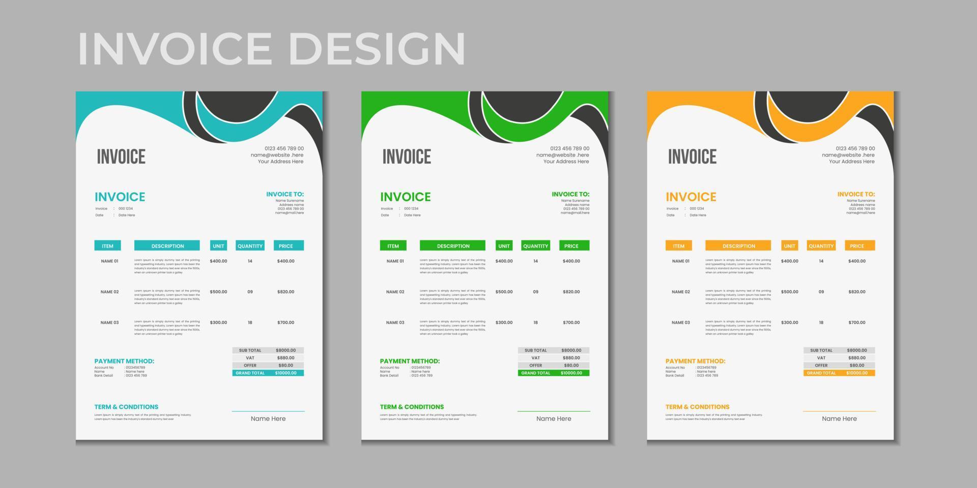 modelo de design de fatura de tamanho a4 de variação múltipla de cores de negócios corporativos mínimos ilustração vetorial fatura de preço de formulário de fatura, vetor de modelo de fatura criativa e design de papelaria comercial